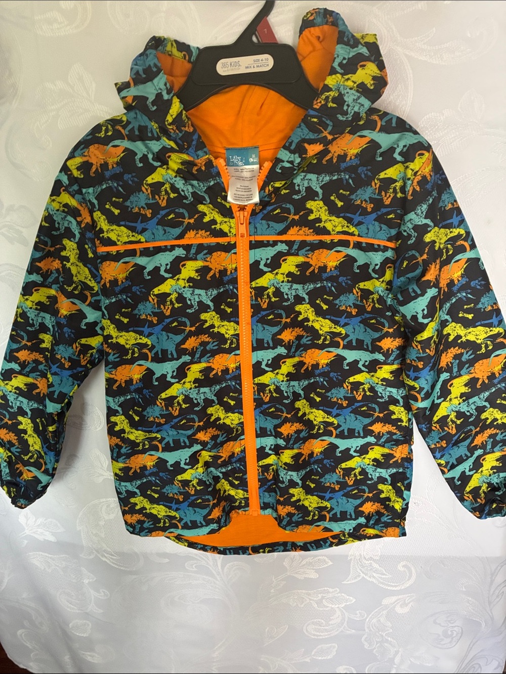 Lily & Dan Kids' Dino Print Hooded Jacket - Orange Lining